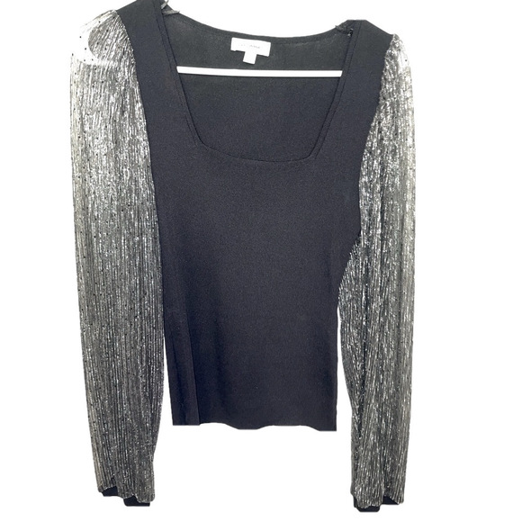 eesome Ribbed Knit Top Women’s Small Black Mesh Sheer Sleeves Fitted Square Neck - Picture 1 of 9